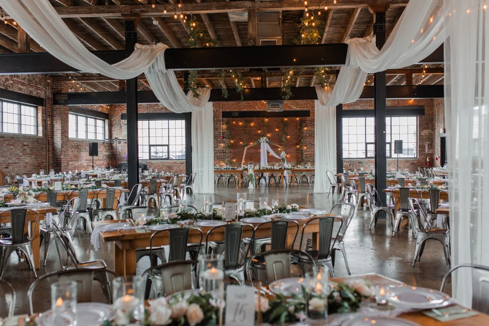 Indoor wedding reception with beautiful draping at INDUSTRY in Indianapolis, IN