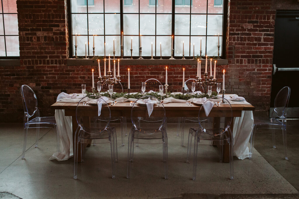 Beautiful, vintage-inspired tablescape set up for an intimate holiday party at INDUSTRY in Indianapolis, IN