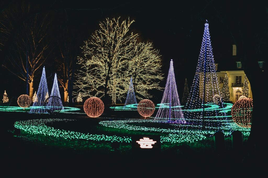 A beautiful holiday lights display at Newfields in Indianapolis, Indiana