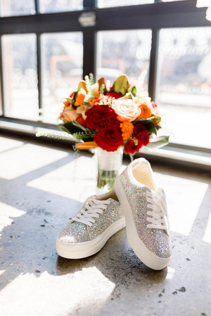 Sparkly sneakers and floral bouquet details shot at INDUSTRY