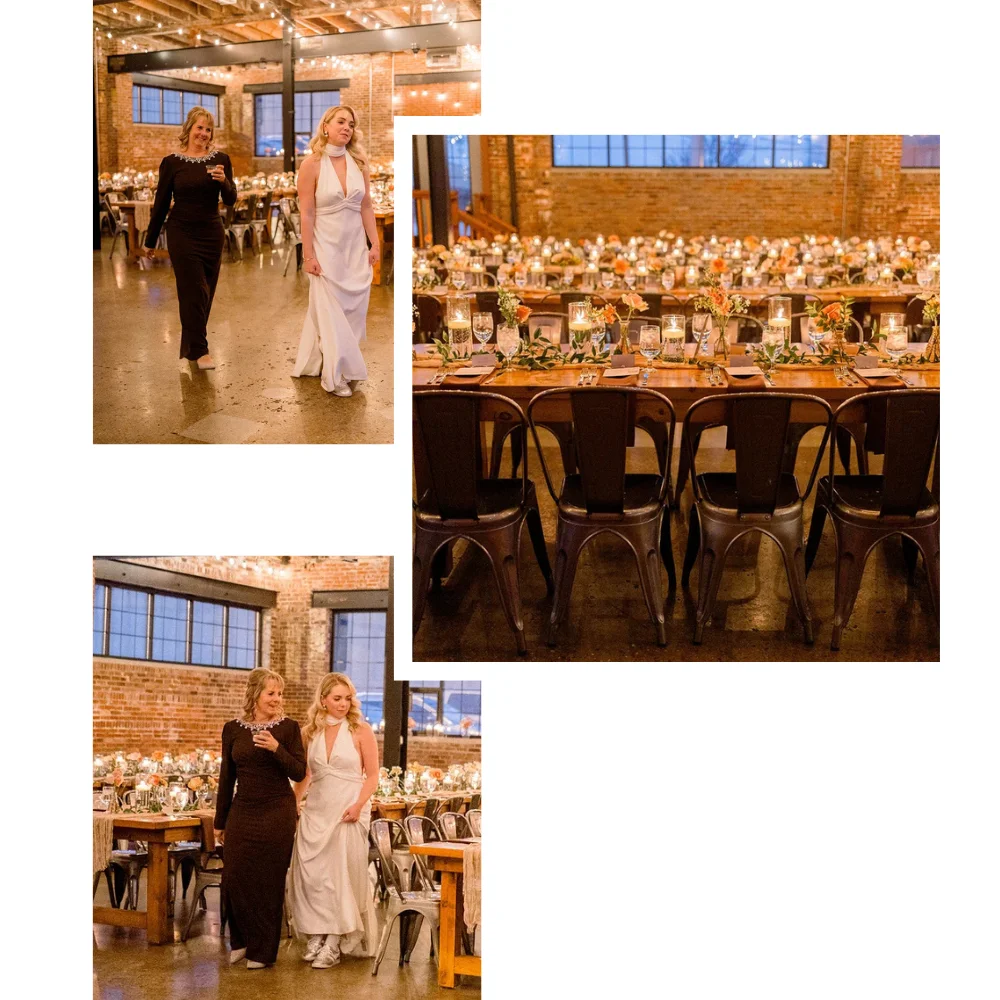 A bride and her mom doing a first look of the reception space at INDUSTRY in Indianapolis once it was all set up for her wedding