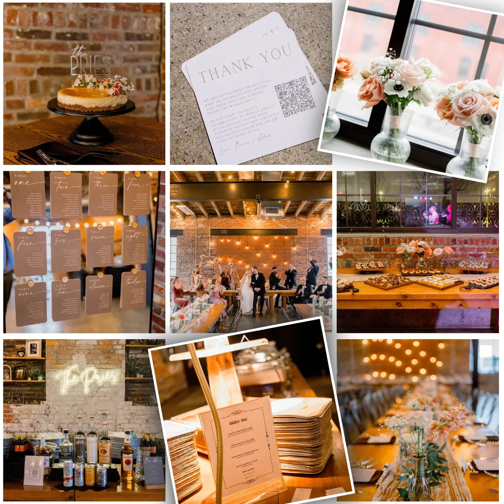 Collage of various images from a wedding at INDUSTRY, including a dessert table, slider bar, bar signage, florals, and table setups