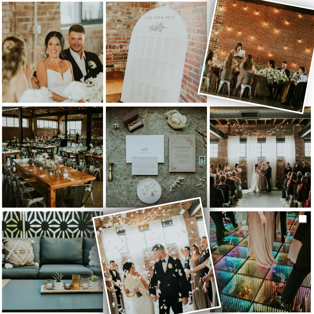 Collage of images from a wedding at INDUSTRY in Indianapolis, IN planned by 828 Planning