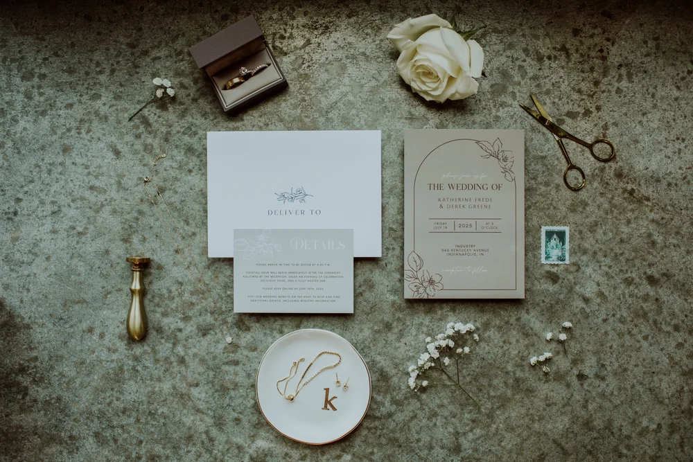 Modern-Industrial wedding day details including invitations, rings and more
