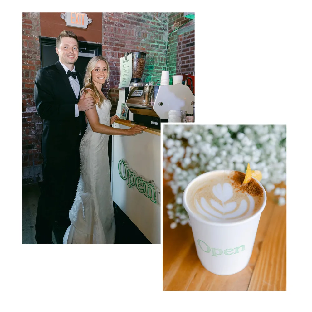 Open Coffee mobile cart serving drinks at INDUSTRY Indianapolis wedding reception.