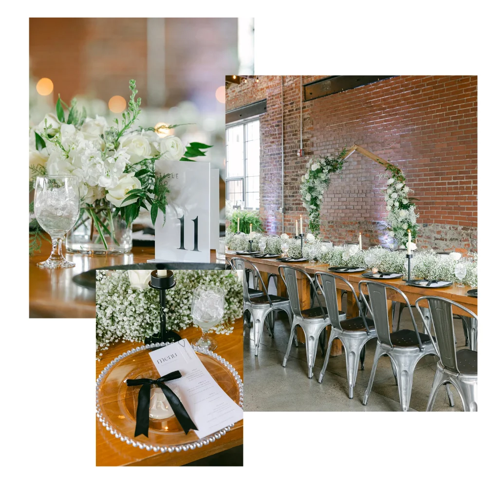Collage of reception at INDUSTRY Indianapolis wedding featuring elegant black and white décor.