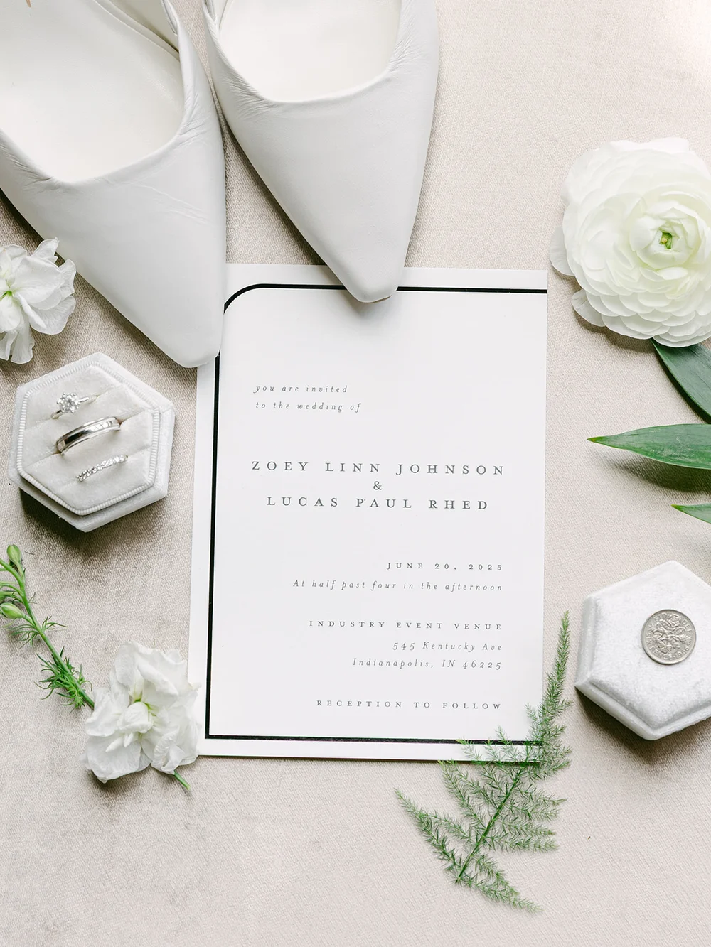 Close-up of wedding décor details at INDUSTRY Indianapolis black and white wedding.