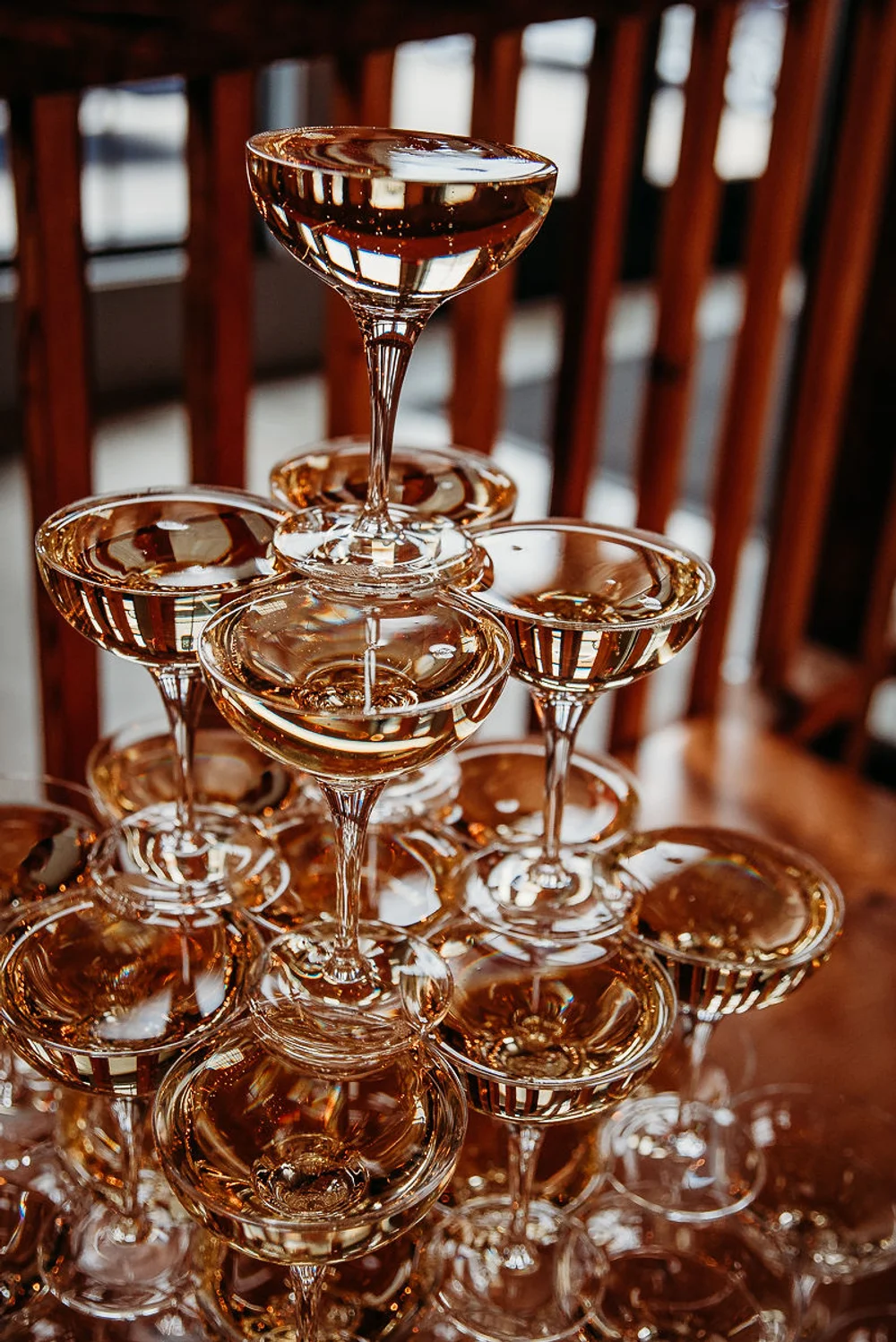 Champagne tower at a wedding celebration at INDUSTRY, Indianapolis event venue